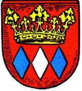 Wappen mit Krone und drei Wecken (blau weiß blau) auf rotem Grund
