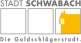 drei Vierecke, im rechten der Umriss des Schwabcher Rathauses in Goldfarbe